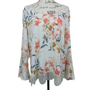 NY Collection Printed Lace-Trim Peasant Top Floral Size L